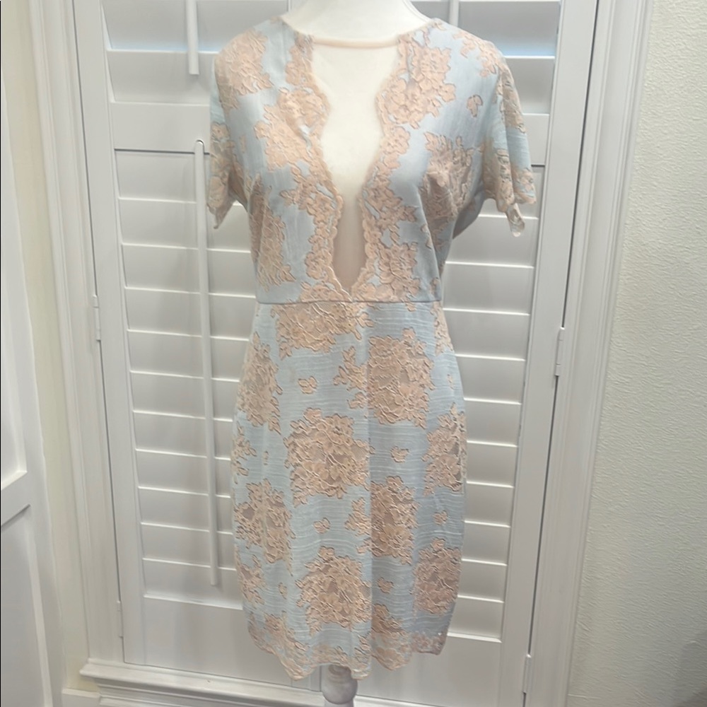 Elegant Lace Overlay Dress in Blue and Cream